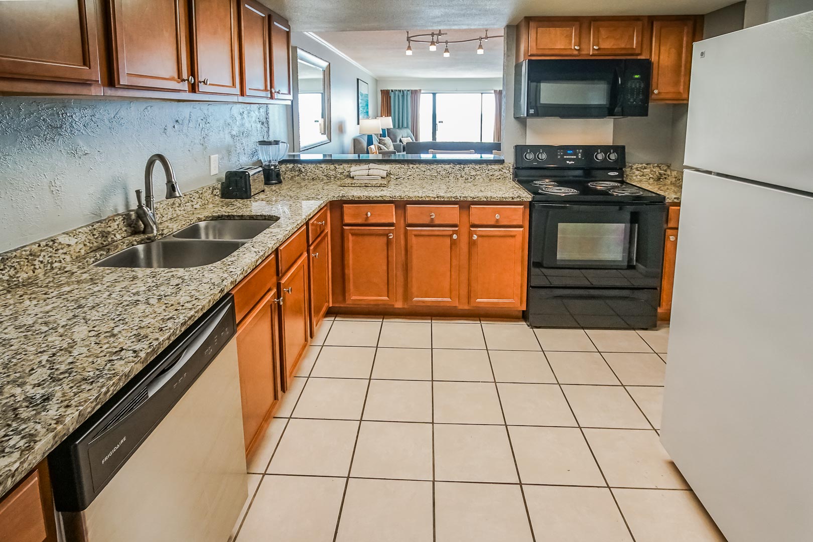 A fully equipped kitchen at VRI's Shoreline Towers in Gulf Shores, Alabama.
